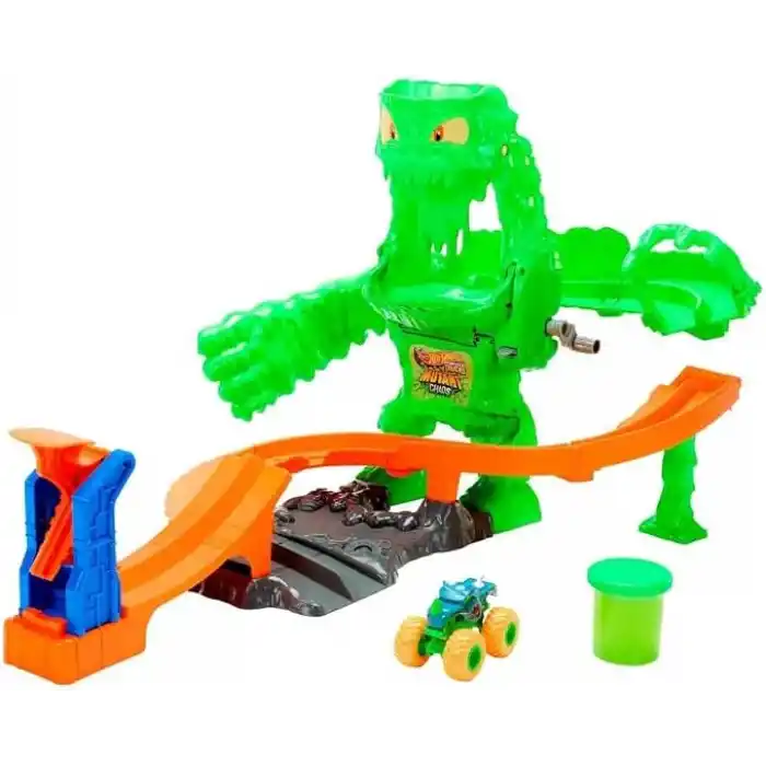 Hot Wheels Monster Trucks Mutant Canavarla Mücadele oyun seti, 1:64 ölçekli Mutant Rhinomite oyuncak kamyon ve 110 gram yeniden kullanılabilir Slime, JMK90