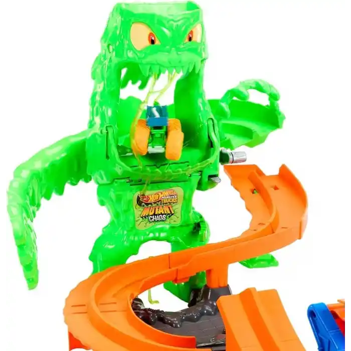 Hot Wheels Monster Trucks Mutant Canavarla Mücadele oyun seti, 1:64 ölçekli Mutant Rhinomite oyuncak kamyon ve 110 gram yeniden kullanılabilir Slime, JMK90