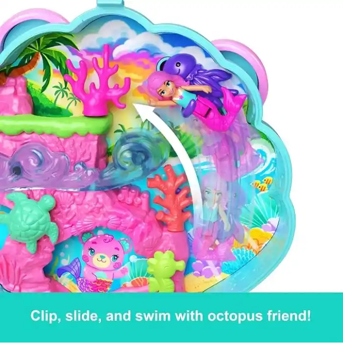 Polly Pocket bebekler ve oyun seti, Işıltılı Ada taşınabilir mini oyun seti, 1 mikro deniz kızı bebek, okyanus canlıları ve temaya uygun aksesuarlar, JCB16