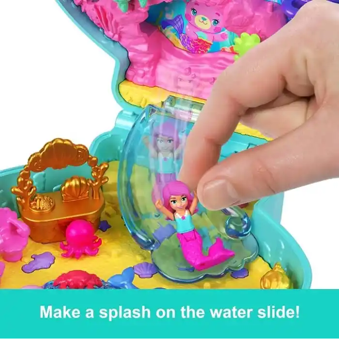 Polly Pocket bebekler ve oyun seti, Işıltılı Ada taşınabilir mini oyun seti, 1 mikro deniz kızı bebek, okyanus canlıları ve temaya uygun aksesuarlar, JCB16