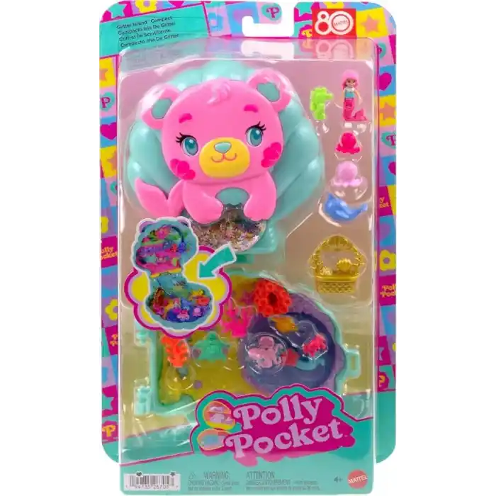 Polly Pocket bebekler ve oyun seti, Işıltılı Ada taşınabilir mini oyun seti, 1 mikro deniz kızı bebek, okyanus canlıları ve temaya uygun aksesuarlar, JCB16