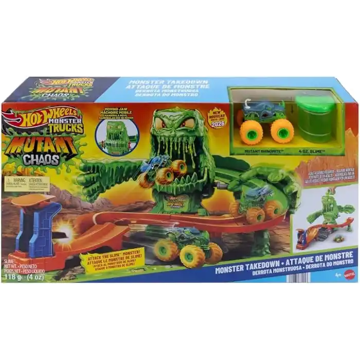 Hot Wheels Monster Trucks Mutant Canavarla Mücadele oyun seti, 1:64 ölçekli Mutant Rhinomite oyuncak kamyon ve 110 gram yeniden kullanılabilir Slime, JMK90