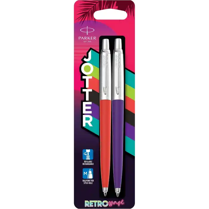 PARKER Jotter Originals Tükenmez Kalemler | Retrowave Koleksiyonu | Vermilion Kırmızı ve İndigo Moru | Mavi Mürekkep | Orta Nokta | 2 Adet