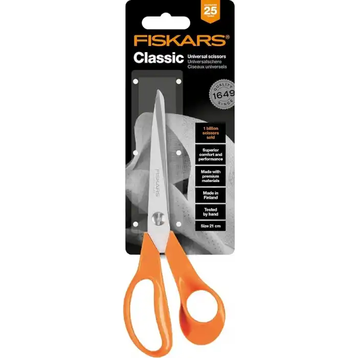 Fiskars El sanatları, dikiş ve ofis işleri için evrensel makas, Klasik, Uzunluk: 21 cm, Sağ elini kullananlar için, Turuncu, 1005148