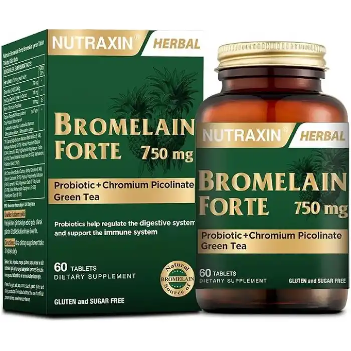 Nutraxin Bromelain Forte – 750 mg Bromelain, Yeşil Çay Ekstresi, Krom ve Probiyotik İçeren Tablet – 60 Tablet – Alerjen İçermez