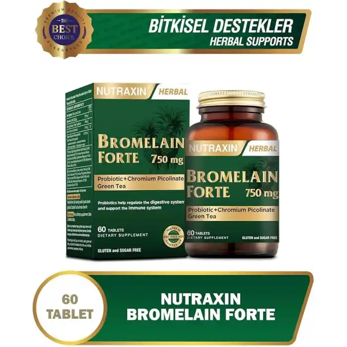 Nutraxin Bromelain Forte – 750 mg Bromelain, Yeşil Çay Ekstresi, Krom ve Probiyotik İçeren Tablet – 60 Tablet – Alerjen İçermez