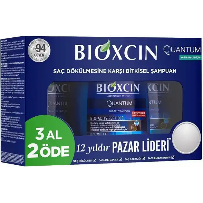 Bioxcin Quantum Şampuan 3 x 300 ml – Yağlı Saçlar İçin Sebum Dengeleyici ve Saç Dökülmesine Karşı Etkili Şampuan (3 Al 2 Öde Set)