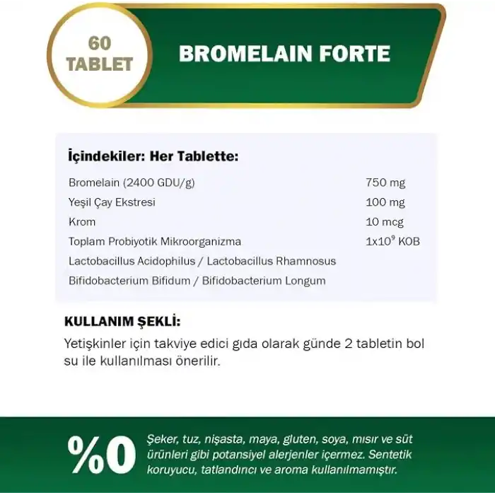 Nutraxin Bromelain Forte – 750 mg Bromelain, Yeşil Çay Ekstresi, Krom ve Probiyotik İçeren Tablet – 60 Tablet – Alerjen İçermez