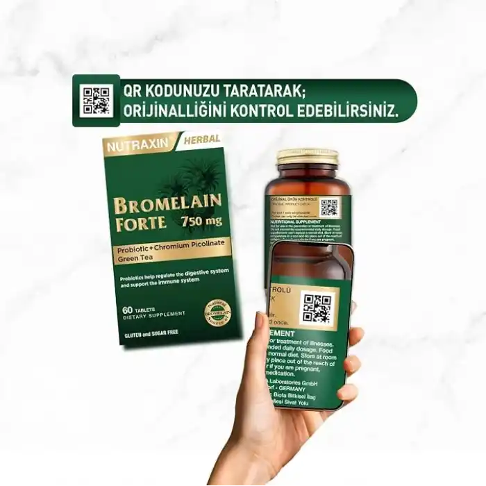 Nutraxin Bromelain Forte – 750 mg Bromelain, Yeşil Çay Ekstresi, Krom ve Probiyotik İçeren Tablet – 60 Tablet – Alerjen İçermez
