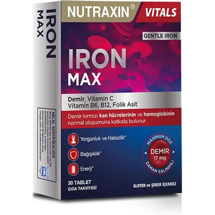 Nutraxin Iron Max 30 Tablet – Demir, C Vitamini, Folik Asit ve B12 Vitamini İçeren Takviye