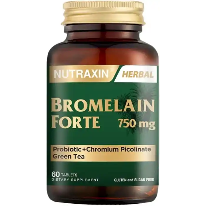 Nutraxin Bromelain Forte – 750 mg Bromelain, Yeşil Çay Ekstresi, Krom ve Probiyotik İçeren Tablet – 60 Tablet – Alerjen İçermez