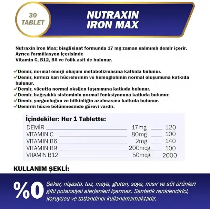 Nutraxin Iron Max 30 Tablet – Demir, C Vitamini, Folik Asit ve B12 Vitamini İçeren Takviye