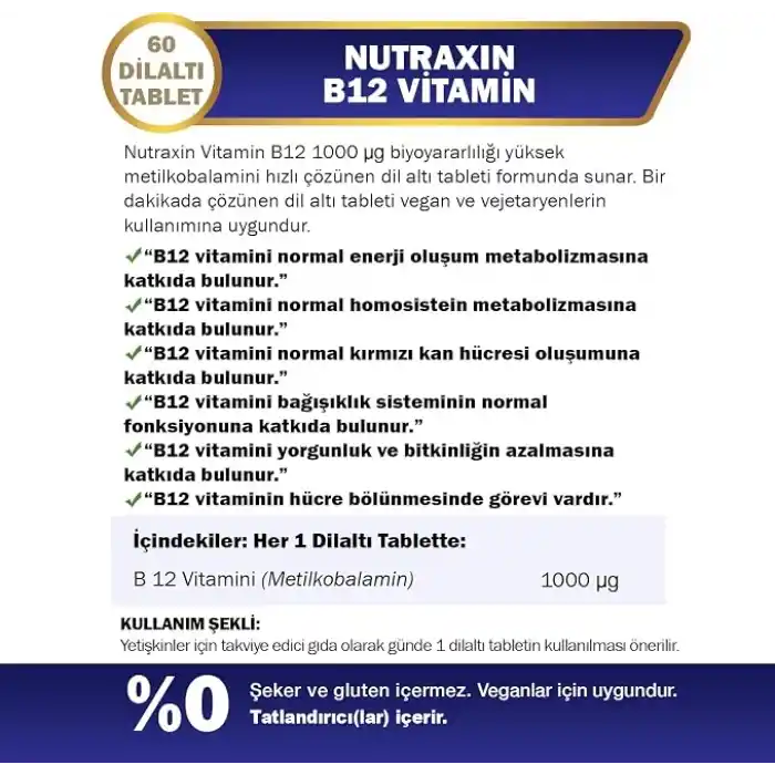 Nutraxin B12 Vitamin 1000 mcg 60 Tablet Takviye Edici Gıda
