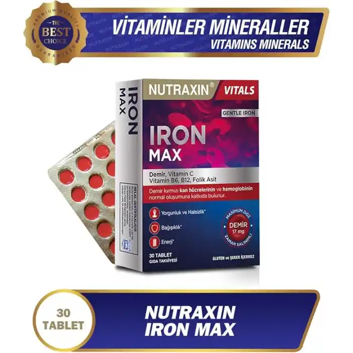 Nutraxin Iron Max 30 Tablet – Demir, C Vitamini, Folik Asit ve B12 Vitamini İçeren Takviye
