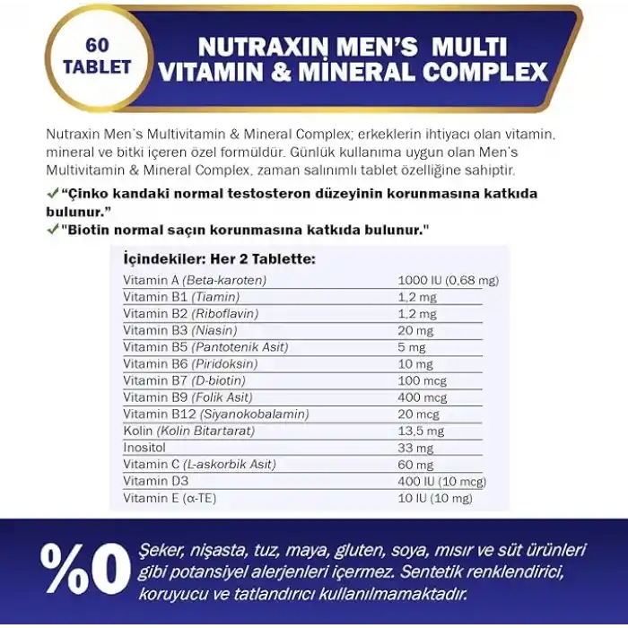 Nutraxin Mens Multi Vitamin Complex 60 Tablet Takviye Edici Gıda