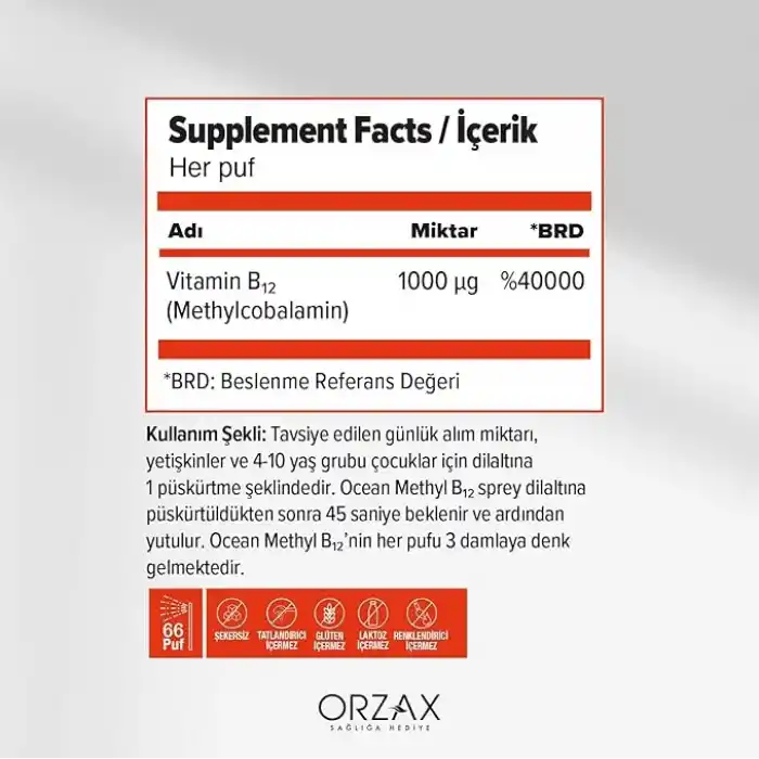 Ocean Methyl B12 1000 mcg Metilkobalamin içeren Dilaltı Sprey (1 x 10 mL)