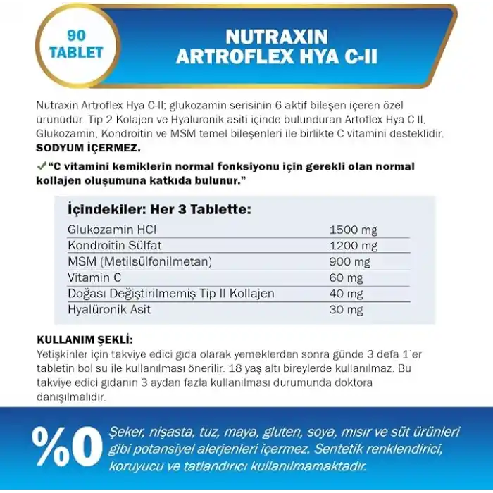 Nutraxin Artroflex HYA-C-II Hyaluronik Asit Glukozamin Kondrotin içeren Takviye Edici Gıda (1 x 90 Tablet)