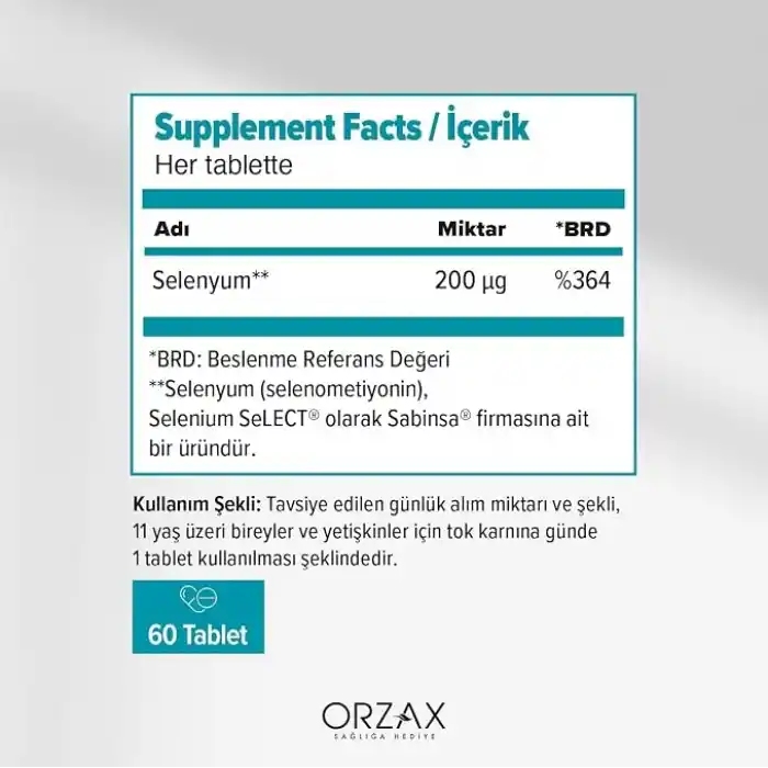 Ocean Selenyum 200 mcg L-Selenometiyonin içeren Takviye Edici Gıda (1 x 60 Tablet)
