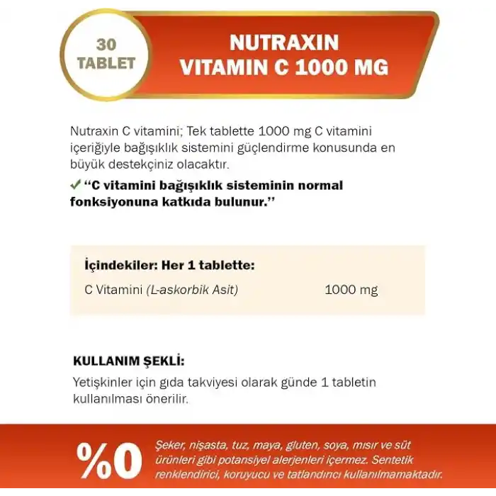 Nutraxin Vitals Vitamin C 1000 mcg 30 Tablet Takviye Edici Gıda