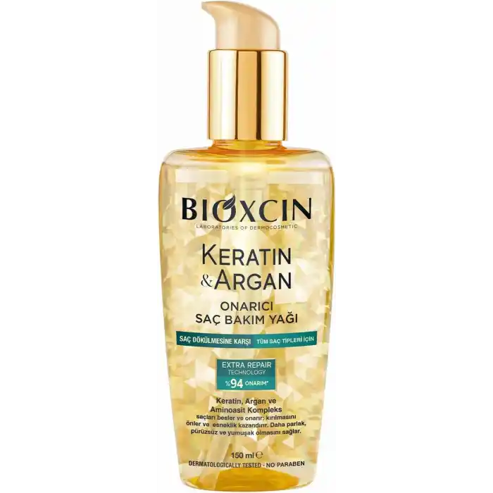Bioxcin Keratin & Argan Onarıcı Saç Bakım Yağı 150 ml – Yıpranmış Saçlar İçin Nemlendirici ve Parlaklık Veren Bakım