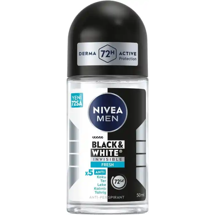 NIVEA MEN Erkek Roll On Deodorant Black&White Invisible Fresh 50 ml,72 Saat Anti-perspirant Terleme ve Ter Kokusuna Karşı Koruma,Giysilerde Leke Karşıtı,Erkeksi Koku,Etil Alkol İçermez