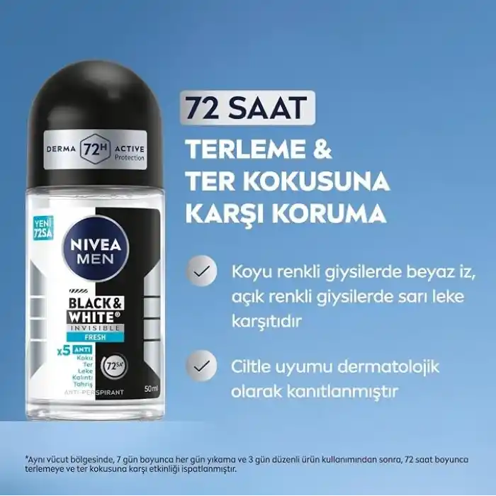 NIVEA MEN Erkek Roll On Deodorant Black&White Invisible Fresh 50 ml,72 Saat Anti-perspirant Terleme ve Ter Kokusuna Karşı Koruma,Giysilerde Leke Karşıtı,Erkeksi Koku,Etil Alkol İçermez