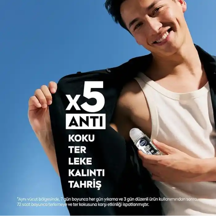 NIVEA MEN Erkek Roll On Deodorant Black&White Invisible Fresh 50 ml,72 Saat Anti-perspirant Terleme ve Ter Kokusuna Karşı Koruma,Giysilerde Leke Karşıtı,Erkeksi Koku,Etil Alkol İçermez