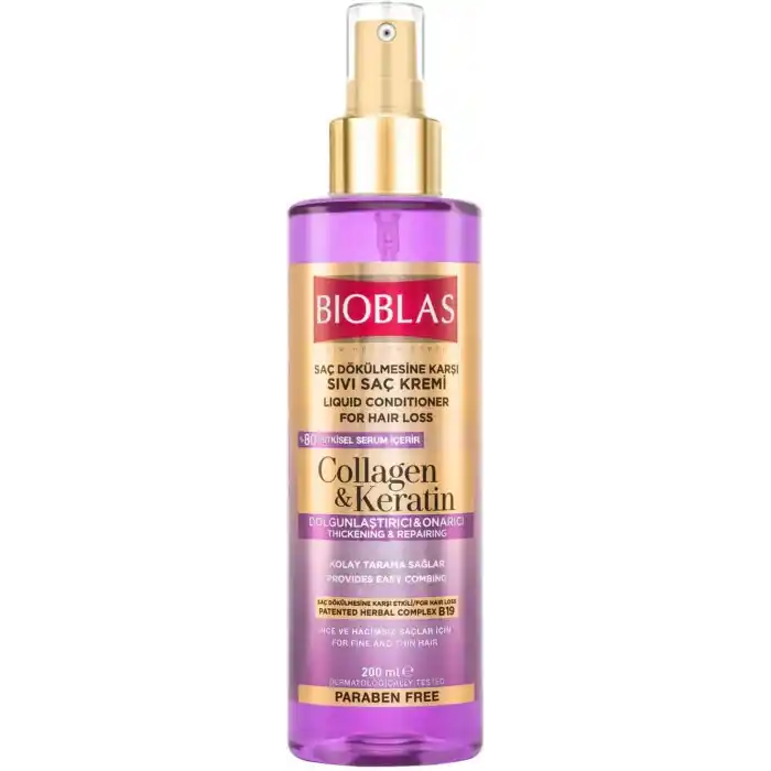 Bioblas Kolajen & Keratin Sıvı Saç Kremi – Durulanmayan, Onarıcı & Dolgunlaştırıcı Etki, Bitkisel Kompleks B19, 200 ml