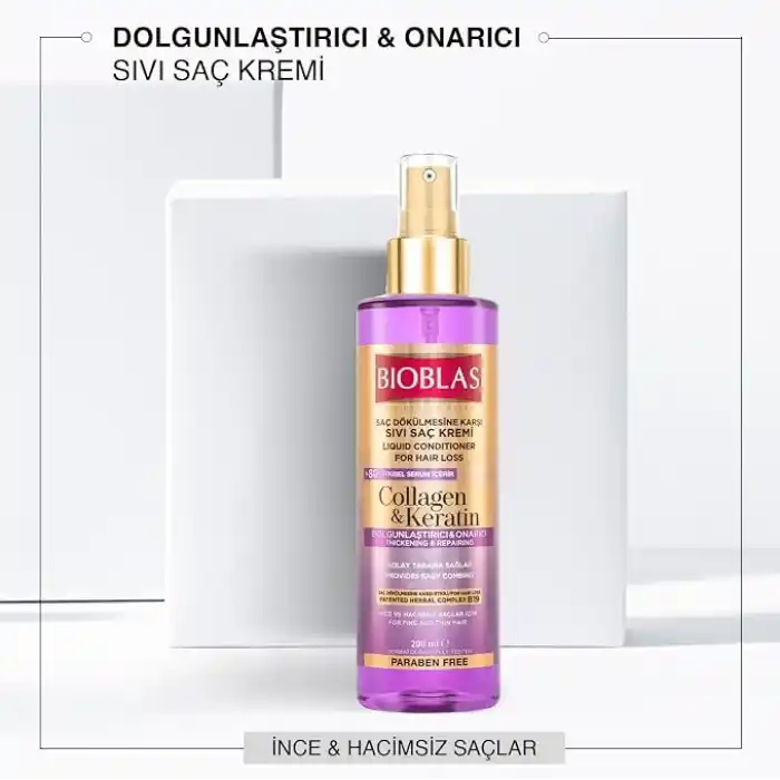 Bioblas Kolajen & Keratin Sıvı Saç Kremi – Durulanmayan, Onarıcı & Dolgunlaştırıcı Etki, Bitkisel Kompleks B19, 200 ml