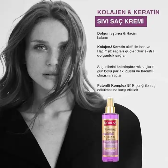 Bioblas Kolajen & Keratin Sıvı Saç Kremi – Durulanmayan, Onarıcı & Dolgunlaştırıcı Etki, Bitkisel Kompleks B19, 200 ml