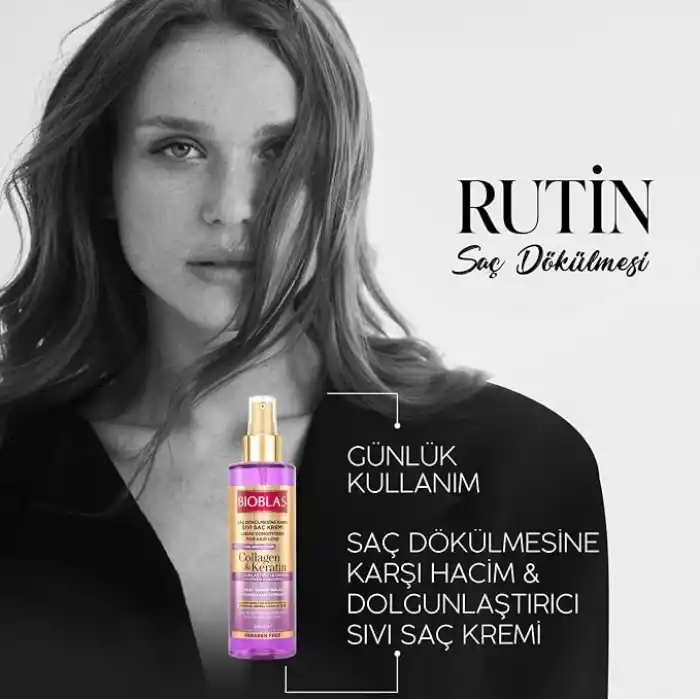 Bioblas Kolajen & Keratin Sıvı Saç Kremi – Durulanmayan, Onarıcı & Dolgunlaştırıcı Etki, Bitkisel Kompleks B19, 200 ml