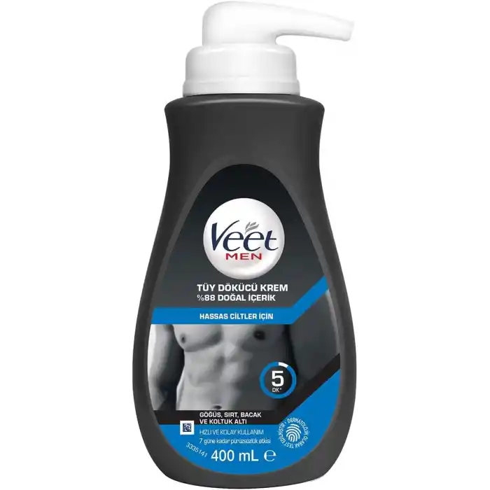 Veet Men Hassas Ciltler İçin Tüy Dökücü Krem, Göğüs Sırt Bacak Ve Koltuk Altı,%88 Doğal İçerik Ve Ginseng Özlü, 400 ML