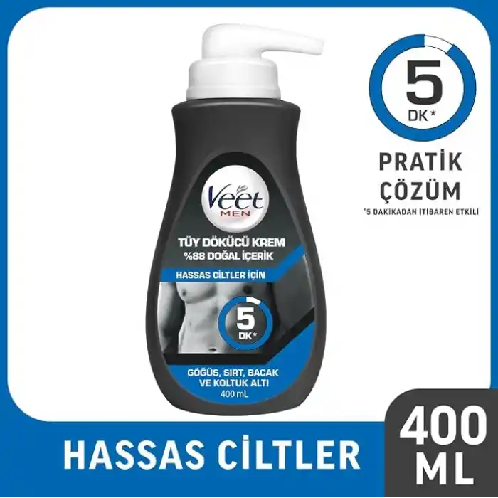 Veet Men Hassas Ciltler İçin Tüy Dökücü Krem, Göğüs Sırt Bacak Ve Koltuk Altı,%88 Doğal İçerik Ve Ginseng Özlü, 400 ML