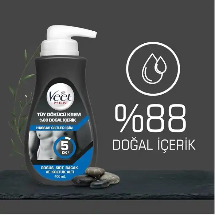 Veet Men Hassas Ciltler İçin Tüy Dökücü Krem, Göğüs Sırt Bacak Ve Koltuk Altı,%88 Doğal İçerik Ve Ginseng Özlü, 400 ML
