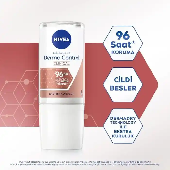 NIVEA Derma Control Clinical Kadın Roll-on deodorant 50 ml,96 saat üstün koruma,Anti-perspirant