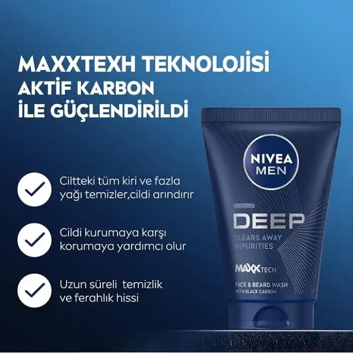 NIVEA MEN Erkek Yüz ve Sakal Temizleme Jeli Deep Dimension 100 ml,Nemlendirici,Yağ Arındırıcı,Aktif Karbon,Gün Boyu Ferahlık