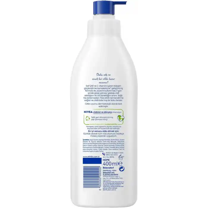 NIVEA Q10 Sıkılaştırıcı Vücut Losyonu 400 ml, 10 Günde Sıkı Cilt, 48 Saat Nemlendirme,C Vitamini,Kolajen,Normal Ciltler için Vücut Losyonu