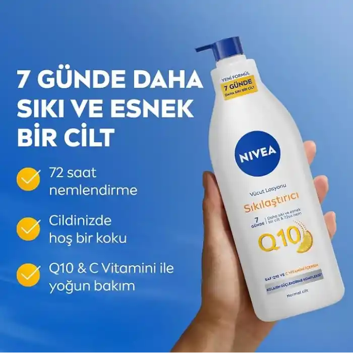 NIVEA Q10 Sıkılaştırıcı Vücut Losyonu 400 ml, 10 Günde Sıkı Cilt, 48 Saat Nemlendirme,C Vitamini,Kolajen,Normal Ciltler için Vücut Losyonu