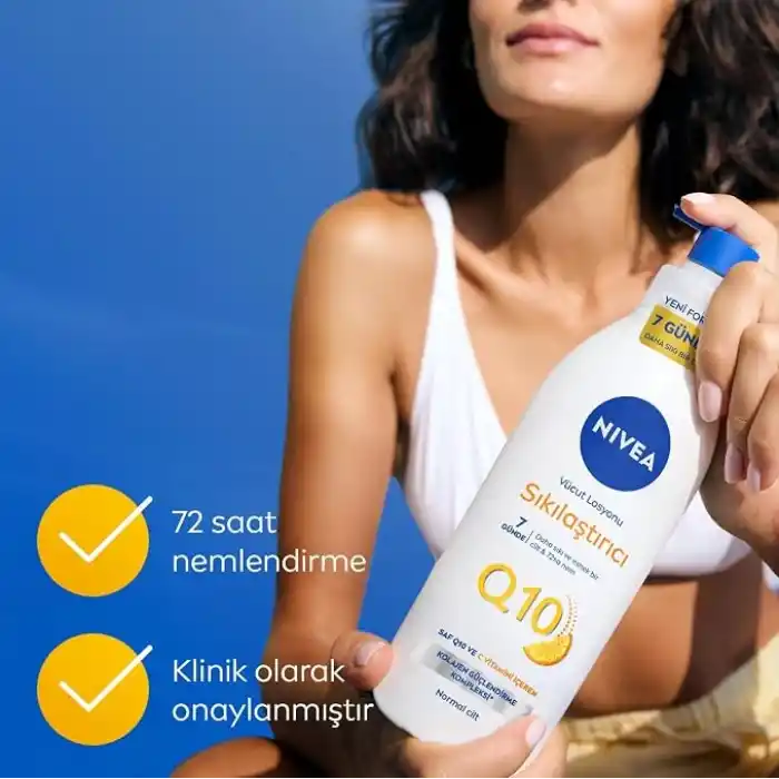 NIVEA Q10 Sıkılaştırıcı Vücut Losyonu 400 ml, 10 Günde Sıkı Cilt, 48 Saat Nemlendirme,C Vitamini,Kolajen,Normal Ciltler için Vücut Losyonu