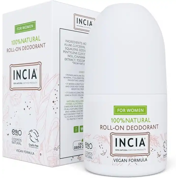INCIA%100 Doğal Roll On Deodorant Kadınlar İçin Ter Kokusu Önleyici Lekesiz 50 ml