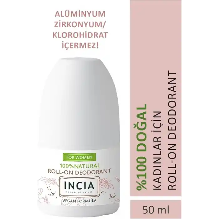 INCIA%100 Doğal Roll On Deodorant Kadınlar İçin Ter Kokusu Önleyici Lekesiz 50 ml