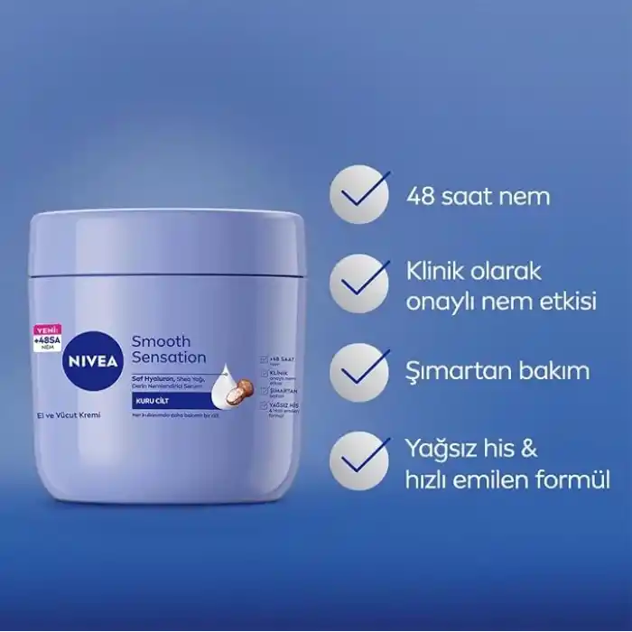 NIVEA Nemlendirici El ve Vücut Bakım Kremi Pürüzsüzleştirici 400 ml, Kuru Ciltler,48 Saat Yoğun Nemlendirme,Shea Yağı