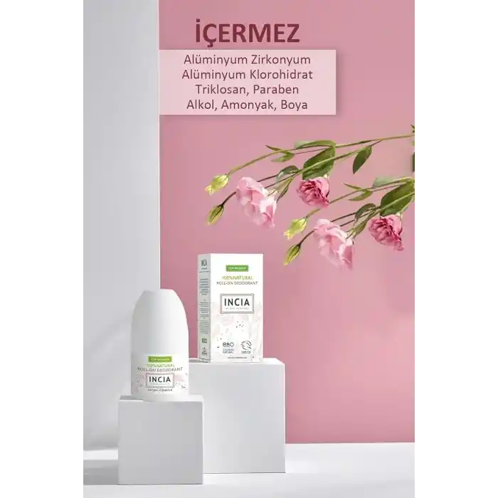 INCIA%100 Doğal Roll On Deodorant Kadınlar İçin Ter Kokusu Önleyici Lekesiz 50 ml