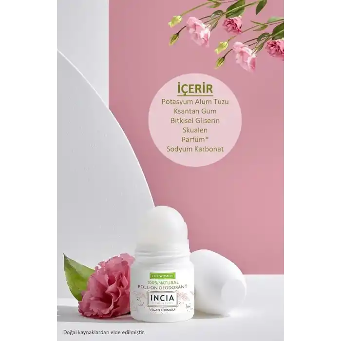 INCIA%100 Doğal Roll On Deodorant Kadınlar İçin Ter Kokusu Önleyici Lekesiz 50 ml