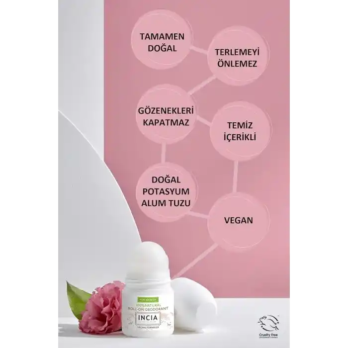 INCIA%100 Doğal Roll On Deodorant Kadınlar İçin Ter Kokusu Önleyici Lekesiz 50 ml