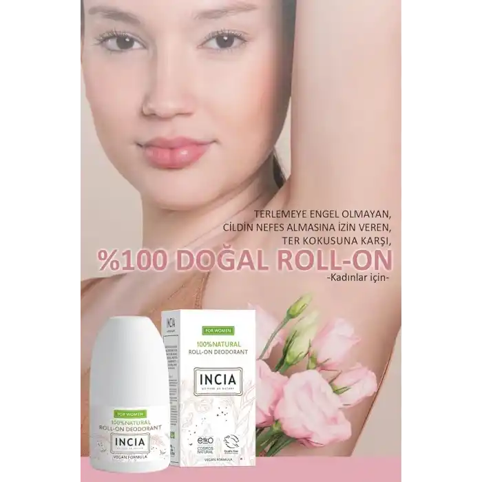 INCIA%100 Doğal Roll On Deodorant Kadınlar İçin Ter Kokusu Önleyici Lekesiz 50 ml