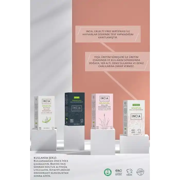 INCIA%100 Doğal Roll On Deodorant Kadınlar İçin Ter Kokusu Önleyici Lekesiz 50 ml