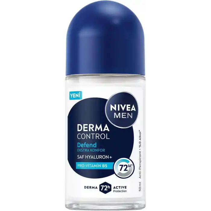 NIVEA MEN Erkek Roll on Deodorant Derma Control Defend 50 ml, 72 Saat Anti Perspirant Koruma, Tahrişe Karşı Koruma,Hyaluronik Asit, Pro Vitamin B5,Alkolsüz Formül
