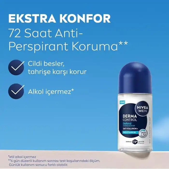 NIVEA MEN Erkek Roll on Deodorant Derma Control Defend 50 ml, 72 Saat Anti Perspirant Koruma, Tahrişe Karşı Koruma,Hyaluronik Asit, Pro Vitamin B5,Alkolsüz Formül
