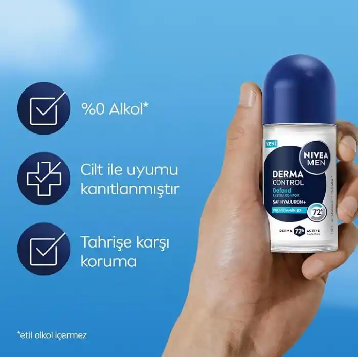 NIVEA MEN Erkek Roll on Deodorant Derma Control Defend 50 ml, 72 Saat Anti Perspirant Koruma, Tahrişe Karşı Koruma,Hyaluronik Asit, Pro Vitamin B5,Alkolsüz Formül